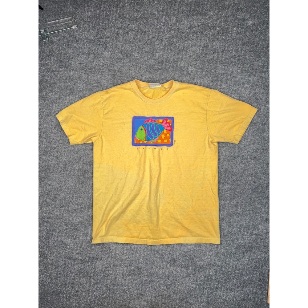 Vintage 1997 Fresh Produce Carmel Fish Graphic T-Shirt Yellow Mens L Made USA